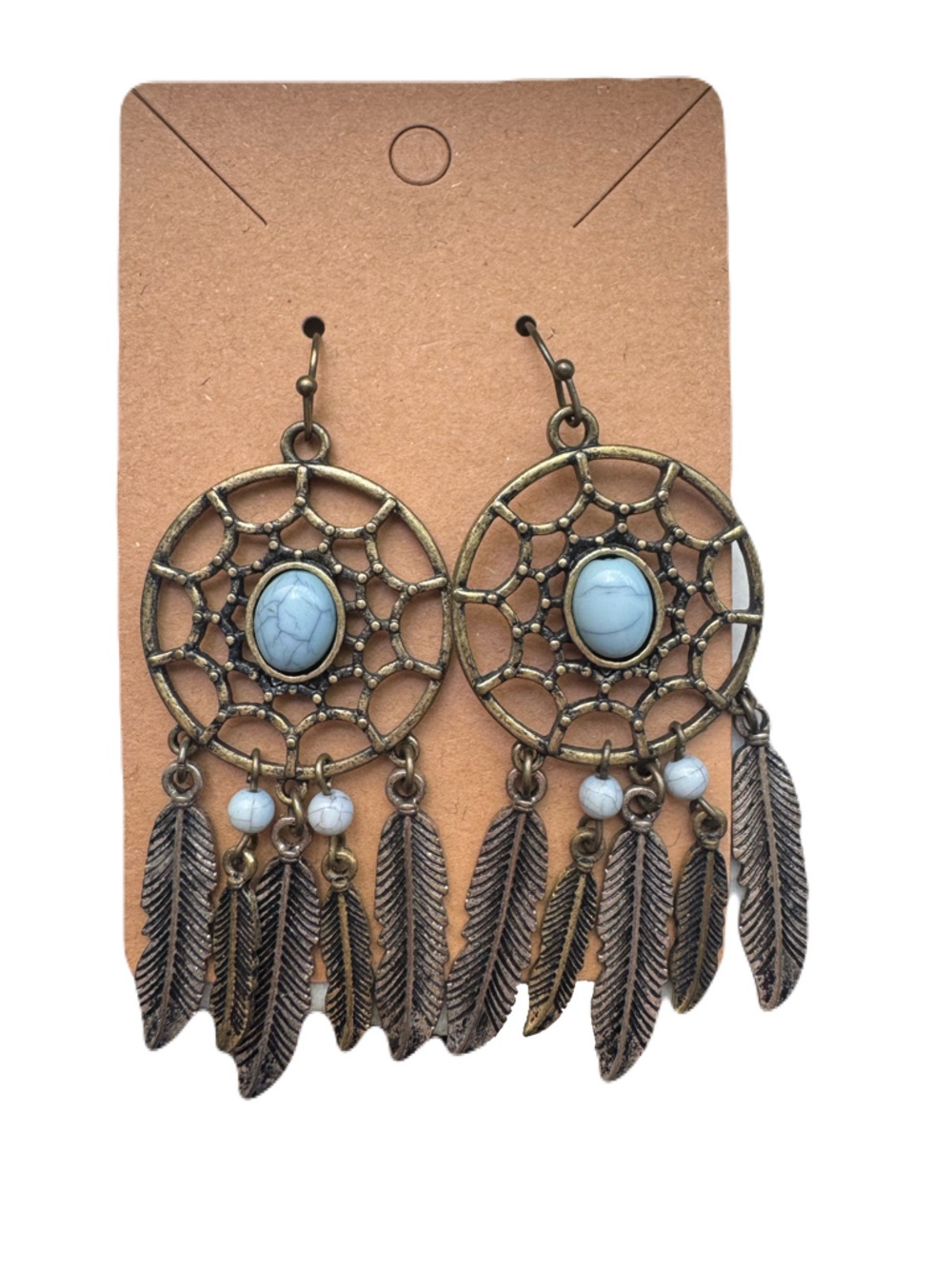 Boho Dreamcatcher Feather Drop Earrings in Antique Gold with White Stone